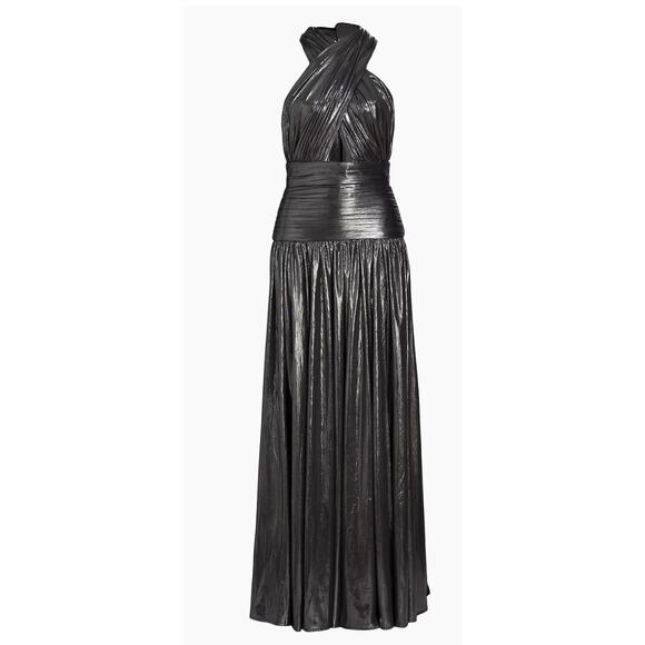 BRONX AND BANCO Metallic Dress Florence Halterneck Gown Cutout Gunmetal Gray 8 L - Picture 10 of 16